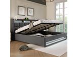 Letto Imbottito Flieks 140X200Cm Con Usb, Letto Per Ragazzi Letto Matrimoniale Con Rete A Doghe E Contenitore, Letto Contenitore Con Led, Lino, Grigio