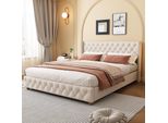 Letto Imbottito Flieks 140X190Cm Letto Per Ragazzi Con Rete A Doghe, Letto Matrimoniale Letti Classici Letto Per Bambini Letto In Legno Massiccio, Lino, Beige