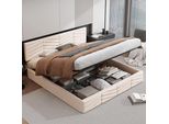 Letto Imbottito Flieks Con Contenitore, Letto Matrimoniale 160X200Cm Con Rete A Doghe, Letto Contenitore Funzionale Letto In Velluto, Beige
