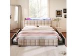Letto Imbottito Flieks 160X200Cm Con Usb E Prese, Letto Per Ragazzi Letto Matrimoniale Con 4 Cassetti, Letto Contenitore Letto In Legno Massiccio Con Led E Rete A Doghe, Lino, Beige