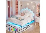 Letto Imbottito Flieks 140X200Cm Con Rete A Doghe, Letto Per Bambini Con Testata A Forma Di Corona, Letto Per Ragazzi Letto Matrimoniale Con Led, Letto Per Principesse Letto In Legno, Pu