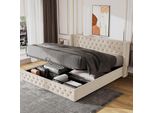 Letto Imbottito Flieks 160X200Cm Con Rete A Doghe, Letto A Molle Idrauliche Con Rete E Contenitore, Letto Matrimoniale In Velluto Con Contenitore Letto Funzionale, Beige