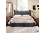 Letto Imbottito Flieks 140X200Cm Con Usb E Prese, Letto Per Ragazzi Letto Matrimoniale Con 4 Cassetti, Letto Contenitore Letto In Legno Massiccio Con Led E Rete A Doghe, Lino, Grigio