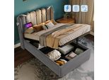 Letto Imbottito Flieks 90X200Cm Con Rete A Doghe, Letto A Molle Idrauliche Con Usb E Luce Di Lettura, Letto Contenitore Letto Singolo, Velluto, Grigio