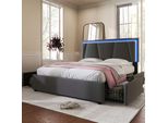 Letto Imbottito Flieks 140X200Cm Con 4 Cassetti, Letto Giovanile Letto Matrimoniale Con Rete A Doghe, Letto Contenitore Letto In Legno Con Led, Lino, Grigio