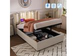 Letto Imbottito Flieks 90X200Cm Con Rete A Doghe, Letto A Molle Idrauliche Con Usb E Luce Di Lettura, Letto Contenitore Letto Singolo, Biancheria, Beige
