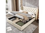 Letto Imbottito Flieks 140X200Cm, Letto A Molle Idrauliche Con Rete A Doghe, Letto Contenitore Letto Matrimoniale Letto Giovanile Con Contenitore, Letto Funzionale In Velluto, Beige