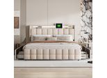 Letto Imbottito Led, Con Funzione Di Ricarica Usb Testata E 4 Cassetti, Letto Matrimoniale 160X200Cm Struttura Letto Contenitore, Rete A Doghe In Legno, Beige