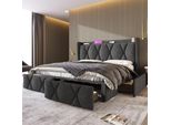 Letto Imbottito Merax 160X200Cm Con Presa E Funzione Di Ricarica Usb, Letto Matrimoniale Con 4 Cassetti E Rete A Doghe, Letto Contenitore In Lino, Grigio