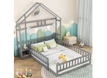 Letto Per Bambini Merax 140X200Cm Con Protezione Anticaduta, Comodino E Rete A Doghe, Pavimento In Legno Massiccio Letto Singolo E Matrimoniale Casa Letto, Grigio
