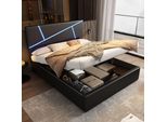 Letto Imbottito Merax 140X200Cm Con Illuminazione Led E Testata Regolabile In Altezza, Letto Contenitore Idraulico, Letto Matrimoniale In Pelle Finta, Letto Funzionale, Nero