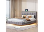 Letto Imbottito Merax 140X200Cm Con Illuminazione A Led E Presa Usb, Letto Matrimoniale Con Giroletto E Testata Regolabile In Altezza, Letto In Legno Letto Per Ragazzi Biancheria Funzionale, Grigio