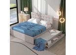 Letto Imbottito Merax 140X200Cm Con Testata Regolabile In Altezza, 3 Cassetti Con Sottopiano 90X190Cm, Letto Matrimoniale Contenitore Di Biancheria, Beige