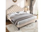 Letto Imbottito Merax 140X190Cm Con Testata A Conchiglia, Letto Matrimoniale Con Rete A Doghe E Testata Regolabile In Altezza, Letto In Legno Massiccio, Velluto, Beige