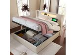 Letto Imbottito Flieks 140X200 Con Usb E Tipo C, Letto A Molle Con Rete A Doghe, Letto Per Ragazzi Con Led, Letto Contenitore Idraulico Letto Matrimoniale, Biancheria, Beige