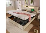 Letto Imbottito Flieks 160X200 Con Usb E Tipo C, Letto A Molle Con Rete A Doghe, Letto Per Ragazzi Con Led, Letto Contenitore Idraulico Letto Matrimoniale, Biancheria, Beige