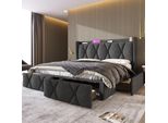 Letto Imbottito Flieks 160X200 Con Usb E Prese, Letto Contenitore Con Rete A Doghe, Letto Matrimoniale Con 4 Cassetti, Letto Classico Per Ragazzi, Biancheria, Grigio