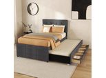 Letto Imbottito Flieks 90X200Cm Letto Singolo Con Sottoletto Estraibile, Letto In Legno Massiccio Con Rete A Doghe E 3 Cassetti, Letto Contenitore Letto Per Ospiti Letto Da Giorno, Grigio