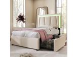Letto Imbottito Flieks 90X200Cm Con Rete A Doghe, Letto Contenitore Con 2 Cassetti, Letto Singolo Per Ragazzi Con Testata Regolabile, Biancheria Da Letto In Legno, Beige