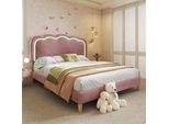 Letto Imbottito Flieks 140X200Cm Con Rete A Doghe, Letto Per Ragazzi Letto Per Bambini Con Rete A Doghe, Letto Matrimoniale Letto Classico In Legno, Velluto, Rosa