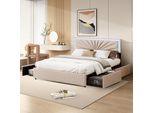 Letto Imbottito Fortuna Lai 160X200Cm Con Testata Regolabile In Altezza, Led E 4 Cassetti, Letto Funzionale Matrimoniale In Lino, Beige
