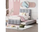 Letto Imbottito Merax 90X200Cm Con Letto Estraibile 90X190Cm, Letto Per Ragazzi Con Testata Regolabile E Rete A Doghe, Letto Singolo In Lino Letto Per Bambini Letto Per Ospiti, Grigio