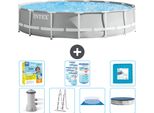 Piscina Intex Round Prism Frame - 457 X 107 Cm - Grigio - Inclusa Pompa - Scaletta - Telo Di Fondo - Pacchetto Di Manutenzione Della Copertura - Filtro - Piastrelle Per Il Pavimento