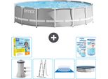 Piscina Intex Round Prism Frame - 427 X 107 Cm - Grigio - Inclusa Pompa - Scaletta - Telo Di Fondo - Pacchetto Di Manutenzione Della Copertura - Filtro