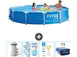 Piscina Intex Con Struttura Rotonda - 366 X 76 Cm - Blu - Compresa Pompa - Filtro - Strisce Reattive - Tenda Da Sole