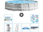 Piscina Intex Round Prism Frame - 457 X 107 Cm - Grigio - Inclusa Pompa - Scaletta - Telo Di Fondo - Pacchetto Di Manutenzione Della Copertura - Filtro
