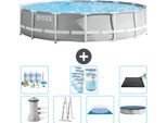 Piscina Intex Round Prism Frame - 457 X 107 Cm - Grigio - Inclusa Pompa - Scaletta - Telo Di Fondo - Pacchetto Manutenzione Copertura - Filtro - Tappetino Solare
