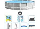 Piscina Intex Round Prism Frame - 457 X 107 Cm - Grigio - Inclusa Pompa - Scaletta - Telo Di Fondo - Pacchetto Manutenzione Copertura - Filtro - Tappetino Solare
