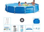 Piscina Intex Con Struttura Rotonda - 366 X 76 Cm - Blu - Pacchetto Manutenzione Incluso - Pompa Filtro Per Piscina - Filtro - Copertura Del Terreno - Kit Di Pulizia - Scaletta