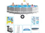 Piscina Intex Round Prism Frame - 610 X 132 Cm - Grigio - Inclusa Pompa - Scaletta - Telo Di Fondo - Pacchetto Di Manutenzione Della Copertura - Filtro