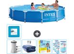 Piscina Intex Con Struttura Rotonda - 366 X 76 Cm - Blu - Pompa Inclusa - Tenda Da Sole - Pacchetto Manutenzione - Filtro - Pavimento In Piastrelle