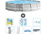 Piscina Intex Round Prism Frame - 457 X 107 Cm - Grigio - Inclusa Pompa - Scaletta - Telo Di Fondo - Pacchetto Manutenzione Copertura - Filtro - Kit Pulizia