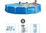 Piscina Intex Con Struttura Rotonda - 366 X 76 Cm - Blu - Pacchetto Manutenzione Incluso - Pompa Filtro Per Piscina - Filtro
