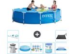 Piscina Intex Con Struttura Rotonda - 305 X 76 Cm - Blu - Pompa Inclusa - Tenda Da Sole - Pacchetto Manutenzione - Filtro - Telo Di Fondo - Kit Di Pulizia - Tappeto Solare