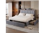 Letto Imbottito Flieks 160X200Cm Con Usb, Letto Matrimoniale Contenitore Con 4 Cassetti, Letto Per Ragazzi Con Rete A Doghe, Letto Funzionale Letto In Legno, Biancheria, Grigio Chiaro