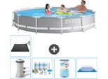 Piscina Intex Round Prism Frame - 366 X 76 Cm - Grigio - Incluso Pacchetto Manutenzione Pompa - Filtro - Copertura Del Terreno - Tappetino Solare