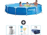 Piscina Intex Con Struttura Rotonda - 366 X 76 Cm - Blu - Include Pompa Filtro Per Piscina - Strisce Reattive - Tenda Da Sole