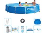 Piscina Intex Con Struttura Rotonda - 366 X 76 Cm - Blu - Incluso Pacchetto Manutenzione Pompa - Filtro - Telo Di Fondo - Kit Di Pulizia - Scaletta - Pediluvio