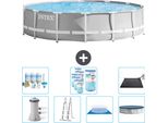 Piscina Intex Round Prism Frame - 427 X 107 Cm - Grigio - Inclusa Pompa - Scaletta - Telo Di Fondo - Pacchetto Di Manutenzione Della Copertura - Filtro - Tappetino Solare