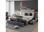 Letto Imbottito Flieks 140X200Cm Con Usb, Letto Matrimoniale Contenitore Con 4 Cassetti, Letto Per Ragazzi Con Rete A Doghe, Letto Funzionale Letto In Legno, Biancheria, Grigio