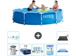Piscina Intex Con Struttura Rotonda - 305 X 76 Cm - Blu - Pompa Inclusa - Tenda Da Sole - Pacchetto Manutenzione - Filtro - Telo Di Fondo - Kit Di Pulizia - Tappeto Solare