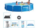 Piscina Intex Con Struttura Rotonda - 366 X 76 Cm - Blu - Pacchetto Manutenzione Pompa Incluso - Filtro - Copertura Del Terreno - Tappeto Solare