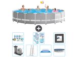 Piscina Intex Round Prism Frame - 610 X 132 Cm - Grigio - Inclusa Pompa - Scala - Telo Di Fondo - Pacchetto Di Manutenzione Della Copertura - Filtro - Piastrelle Per Il Pavimento