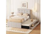 Letto Imbottito Merax 90X200Cm Con Sottoletto Estraibile, Letto In Legno Massiccio Letto Singolo Con Rete A Doghe E 3 Cassetti, Letto Contenitore Da Giorno, Beige