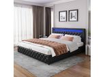 Letto Imbottito Flieks Con Contenitore E Rete A Doghe, Letto A Molle 140X200Cm Matrimoniale Con Led, Letto Contenitore Funzionale, Nero
