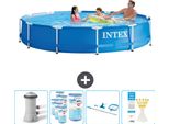 Piscina Intex Con Struttura Rotonda - 366 X 76 Cm - Blu - Inclusa Pompa - Filtro - Kit Di Pulizia - Strisce Reattive